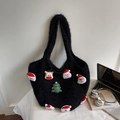 Black plush Christmas tote bag with 3D Santa, reindeer, and tree embroidery - Black