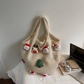 Beige woven cotton tote bag with 3D Christmas deer and Santa Claus plush charms - Off-white
