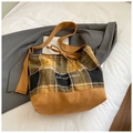 Retro mustard plaid oversized tote bag with cream lettering and adjustable wide strap - Yellow Without Pendant