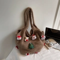 Brown knit tote bag featuring 3D Santa and Reindeer plush decorations for Christmas - Khaki