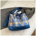 Blue and beige plaid canvas tote bag with adjustable strap and drawstring closure - Blue Without Charm