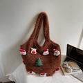 Brown fuzzy knit tote bag with Christmas Santa and reindeer patches for winter holiday - Coffee