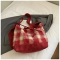 Red and yellow plaid canvas tote bag with creme de la creme text print and red base - Red (No Pendant)