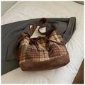 Retro brown checkered tote bag with drawstring closure and adjustable shoulder strap - Brown No Pendant