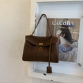 Detail shot of the vintage dark brown suede and smooth leather tote bag with gold hardware - Brown Small