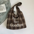 Borsa tote a quadretti marrone con ricamo bianco in stile vintage per università - Scozzese Cioccolato