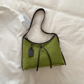 Vintage suede green tote bag with dark brown straps and contrast stitching detail - Green