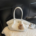 Chic white fluffy plush tote bag with cute teddy bear charm and sleek white leather handles - With Charm / White