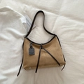 Vintage khaki faux suede tote bag with slim brown straps and metallic protective feet - Khaki