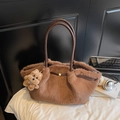 Deep brown plush tote bag for women with fluffy faux fur and cute puppy pendant - With Charm / Brown