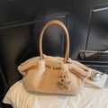 Chic khaki plush handbag with faux fur texture and brown leather handles with bear charm - With Charm / Khaki