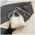 Chic white lychee leather bucket handbag with twin handles and crossbody strap - White (Without Charm)