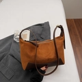 Brown faux suede underarm bag with smooth leather base and gold zipper detail - Brown No Pendant