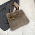 Brown-grey faux fur tote bag with woven handles and cute plush doll pendant accessory - With Pendant / Brown