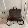 Minimalist vintage dark brown leather backpack with front flap and ibm embroidery for women - Without Pendant / Brown
