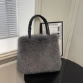Charcoal grey plush faux fur handbag with black woven handles for women - No Pendant / Gray
