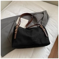 Detail of black suede fabric and brown leather strap with golden metal buckle - Black