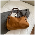 Detail of brown suede tote bag with golden metal buckles and minimalist shoulder strap - Brown