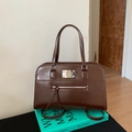 Deep brown glossy fashion handbag with silver hardware and versatile carrying straps - No Pendant / Burgundy