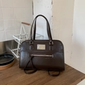 Elegant deep brown glossy leather handbag with silver metal plate and sleek handles - No Pendant / Brown