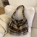 Brown and yellow plaid wool tote bag with soft texture and wide shoulder strap - Khaki Plaid
