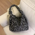 Large leopard print fuzzy tote bag made of plush material for women stylish winter style - Leopard Black