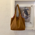 Braune Shopper-Tasche aus Wildleder mit kariertem Innenfutter und Tunnelzugverschluss - Braun Ohne Anhänger