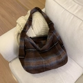 Brown and blue checkered wool tote bag in hobo style for large storage capacity - Brown Plaid