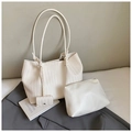 Three-piece set featuring white woven tote bag with matching pouch and clutch - White