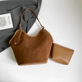 Conjunto de bolso tote minimalista en ante marrón caramelo con estuche interior a juego - Juego de 2 piezas (bolso tote + neceser interior) / Marrón