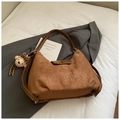 Brown faux suede tote bag with cake embroidery and cute teddy bear charm pendant - Brown (With Pendant)