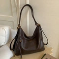 Vintage dark brown soft leather hobo bag with gold hardware and large capacity - Coffee without Pendant