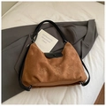 Brown suede shoulder bag featuring yellow cartoon embroidery and black leather strap - Black and Brown