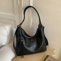 Classic black leather hobo shoulder bag with elegant gold hardware and soft texture - Black without Pendant