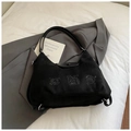 Women's vintage black faux suede tote bag with cute cartoon embroidery and top handles - Black