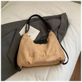 Khaki suede tote bag featuring cartoon cake embroidery and black leather straps - Black and Khaki