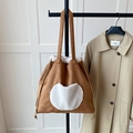 Brown faux suede bucket bag with cute white fleece cat pocket and drawstring closure - Cat Heart Patch / Brown