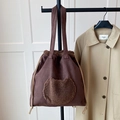 Deep coffee suede bucket shoulder bag with plush lamb wool trim and drawstring closure - Round Heart Patch / Brown