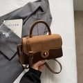 Brown vintage top-handle bag in textured patchwork leather with a metallic rotary lock - No Pendant / Brown