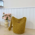 Fuzzy mustard yellow plush bucket bag with leather brand tag and soft texture - Yellow Without Pendant