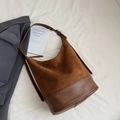 Vintage brown suede and leather patchwork shoulder bag with adjustable strap for women - Suede Brown