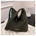Borsa tote vintage verde scuro in peluche con tracolla larga e fodera a quadretti - Nero Tracolla Lunga