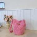 Cute pink plush bucket bag with soft faux fur texture and branded leather patch - Pink Without Pendant