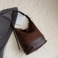 Dark brown shoulder bag featuring contrast texture suede and leather patchwork design - Suede Coffee