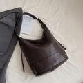 Vintage dark brown large hobo shoulder bag with smooth glossy finish and wide strap - Coffee PU