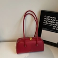 Vintage red leather pillow bag with long strap and golden logo for women commuting - No Pendant / Burgundy