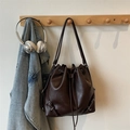 Retro dark brown bucket bag in soft faux leather with drawstring and metallic buckles - Coffee (No Pendant)