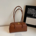 Brown lychee leather pillow shoulder bag with double zippers and cylindrical handles - No Pendant / Brown