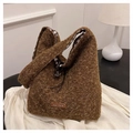 Brown fuzzy crossbody bag with plush lamb wool texture and plaid drawstring lining - Brown Short Strap