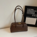 Chic dark brown lychee leather pillow bag with gold hardware for office commuters - No Pendant / Coffee